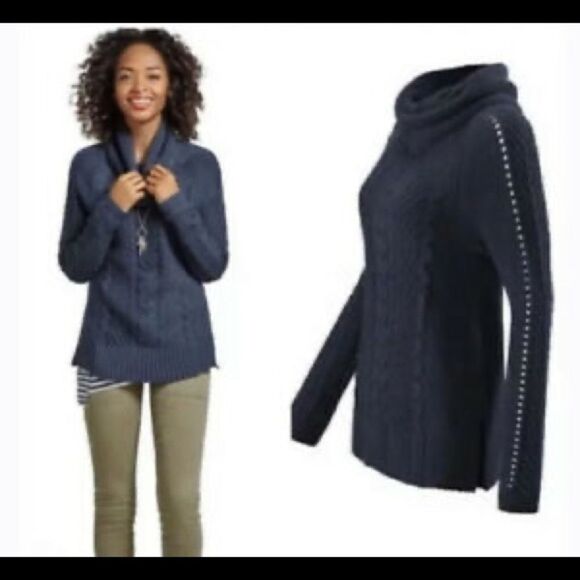 CAbi 3168 Navy Cable Knit Cowl Neck Sweater - Picture 3 of 8